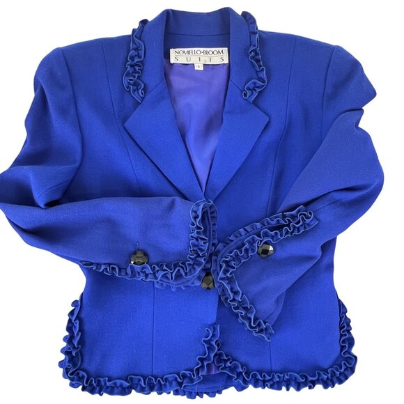 VTG Women 6 Wool Skirt Set Blue Ruffle Retro Business Church USA Noviello Bloom - Picture 5 of 14